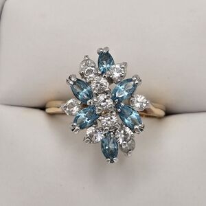 Large Cluster Blue and Silver Floral Ring Affordable Jewelry Size 9